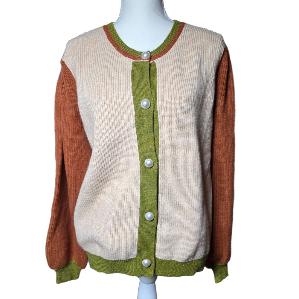 Sweet Lemon Color Block Ribbed Knit‎ Sweater Women's Size Large Pearl Buttons